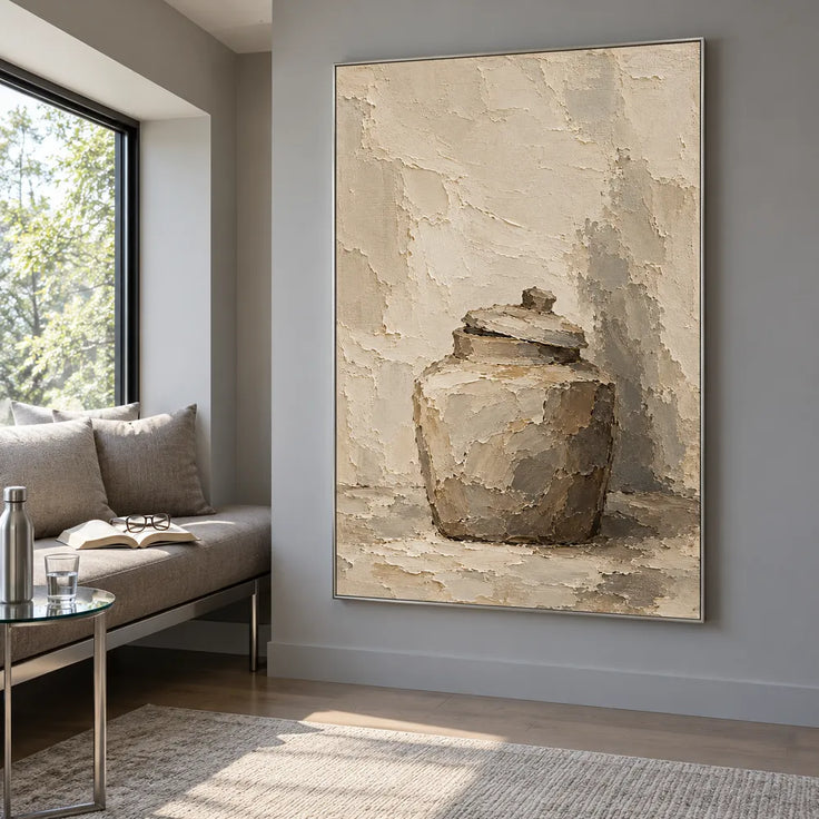Beige Hand-Painted Still Life Painting, Lidded Jar and Shadow #4ILTWVTA