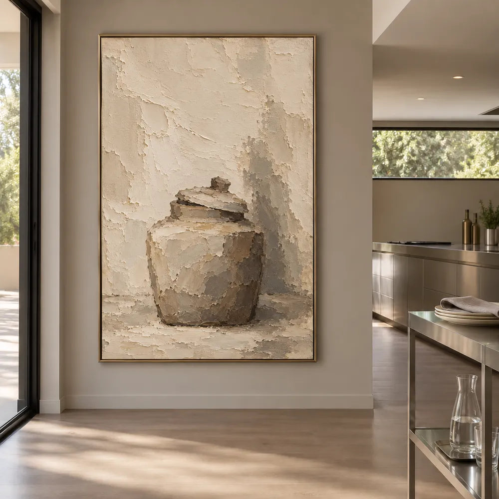 Beige Hand-Painted Still Life Painting, Lidded Jar and Shadow #4ILTWVTA
