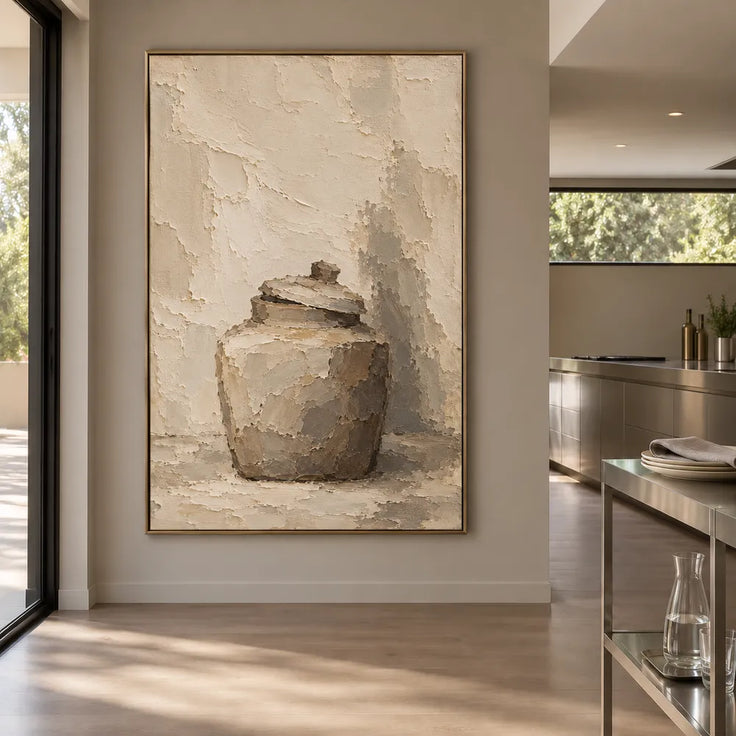 Beige Hand-Painted Still Life Painting, Lidded Jar and Shadow #4ILTWVTA