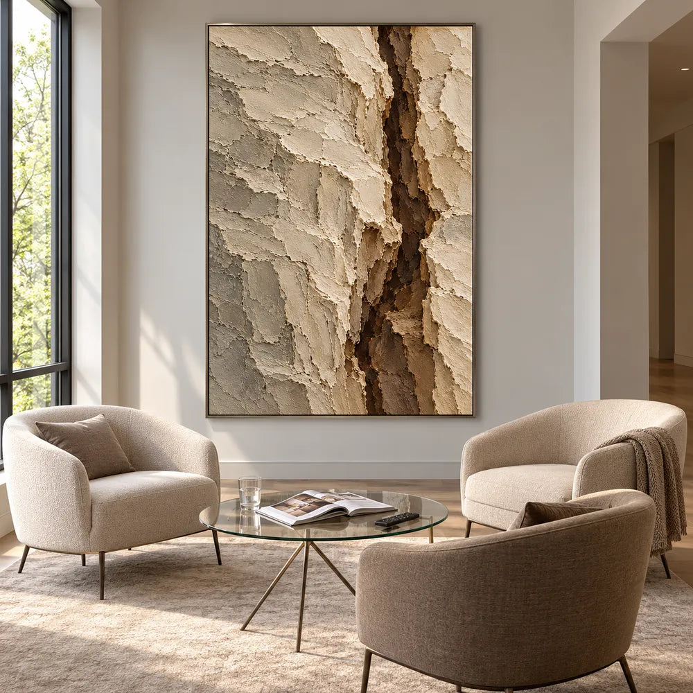 Beige Hand-Painted Abstract Painting, Dark Vertical Fissure #09MTTGIA
