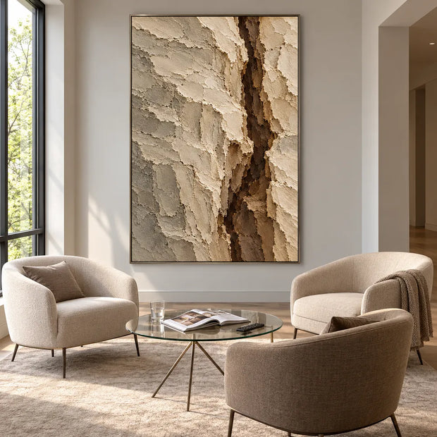 Beige Hand-Painted Abstract Painting, Dark Vertical Fissure #09MTTGIA
