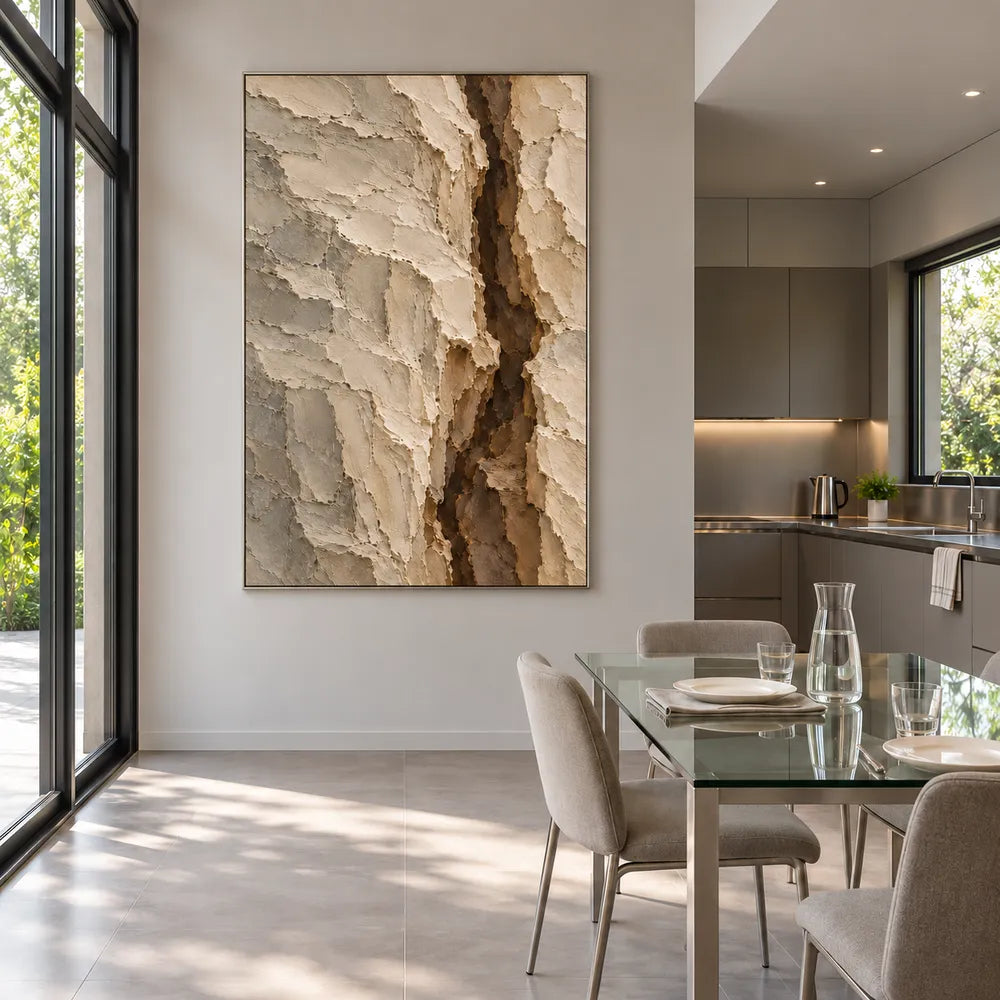 Beige Hand-Painted Abstract Painting, Dark Vertical Fissure #09MTTGIA