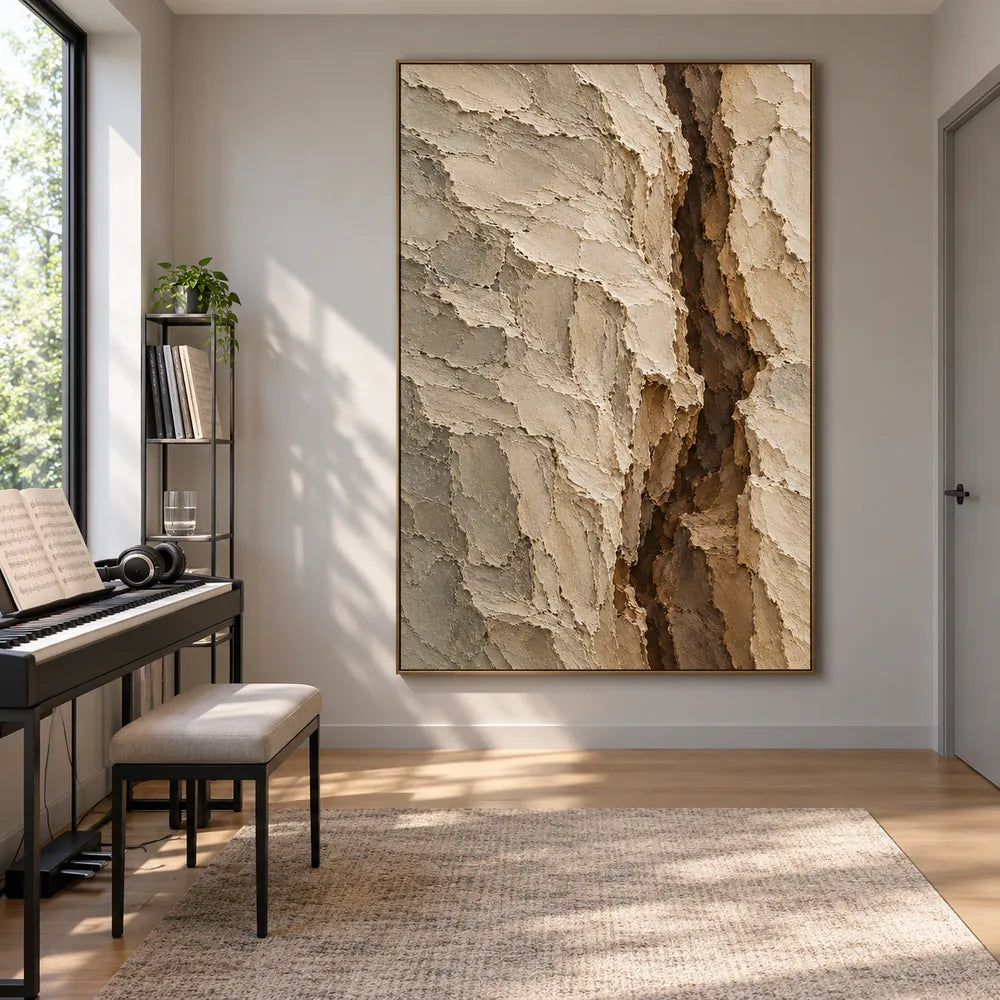 Beige Hand-Painted Abstract Painting, Dark Vertical Fissure #09MTTGIA