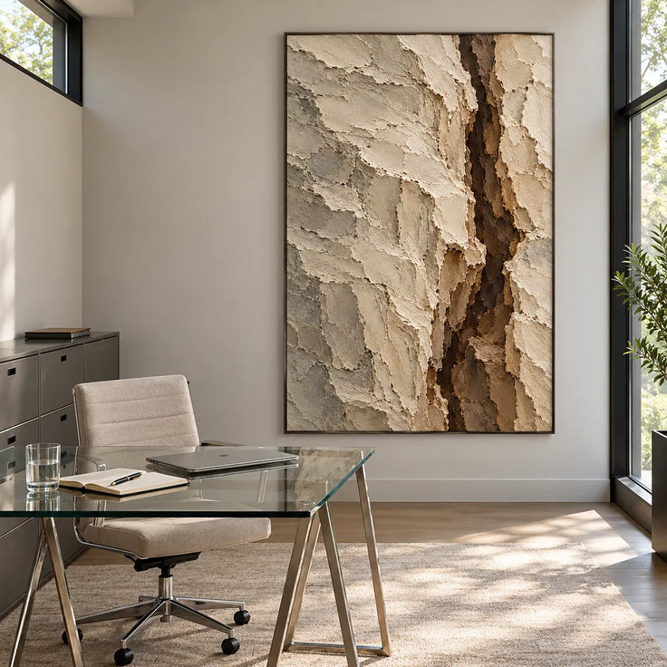 Beige Hand-Painted Abstract Painting, Dark Vertical Fissure #09MTTGIA