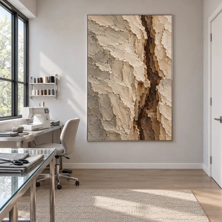 Beige Hand-Painted Abstract Painting, Dark Vertical Fissure #09MTTGIA