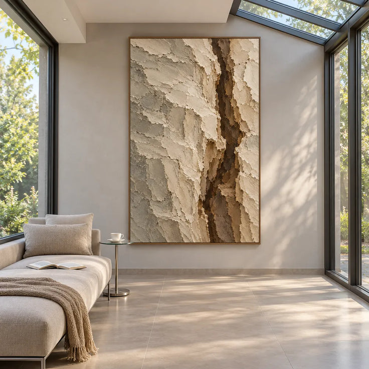 Beige Hand-Painted Abstract Painting, Dark Vertical Fissure #09MTTGIA