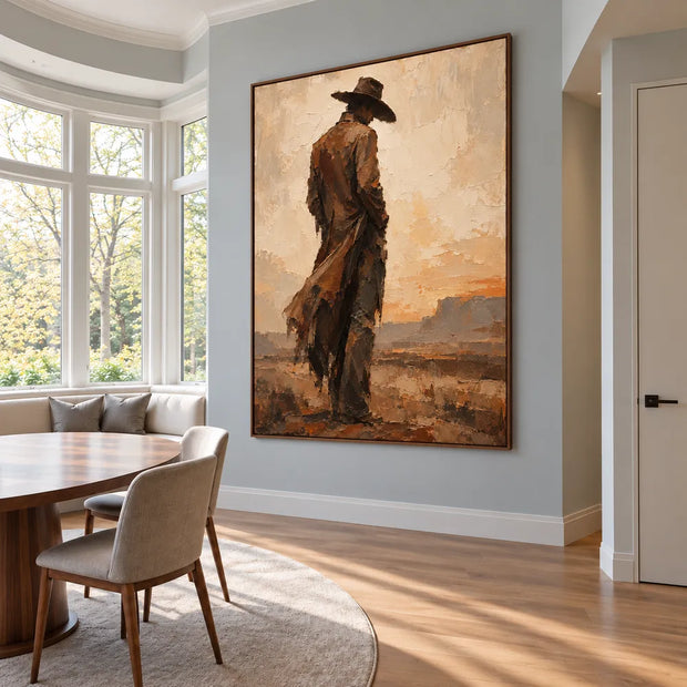 Beige & Brown Hand-Painted Oil Painting, Cowboy in a Desert Landscape #KSV33Q1N