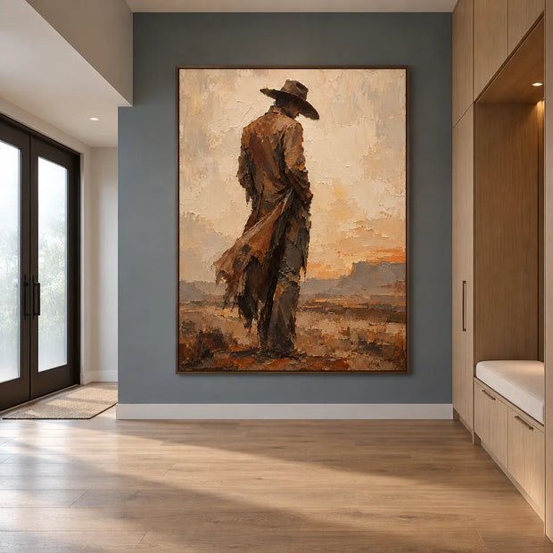 Beige & Brown Hand-Painted Oil Painting, Cowboy in a Desert Landscape #KSV33Q1N