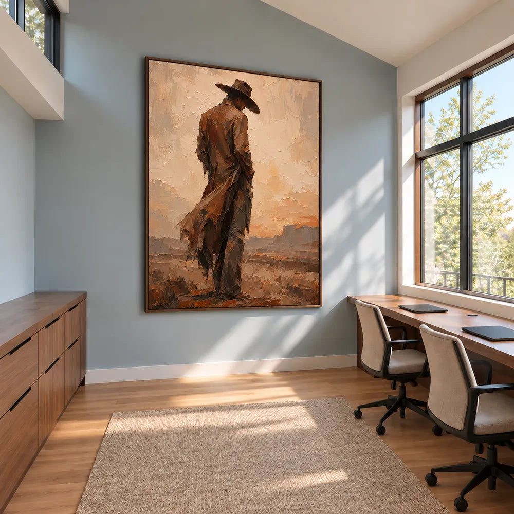 Beige & Brown Hand-Painted Oil Painting, Cowboy in a Desert Landscape #KSV33Q1N
