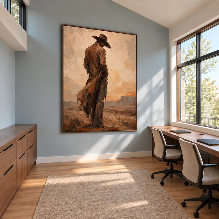 Beige & Brown Hand-Painted Oil Painting, Cowboy in a Desert Landscape #KSV33Q1N