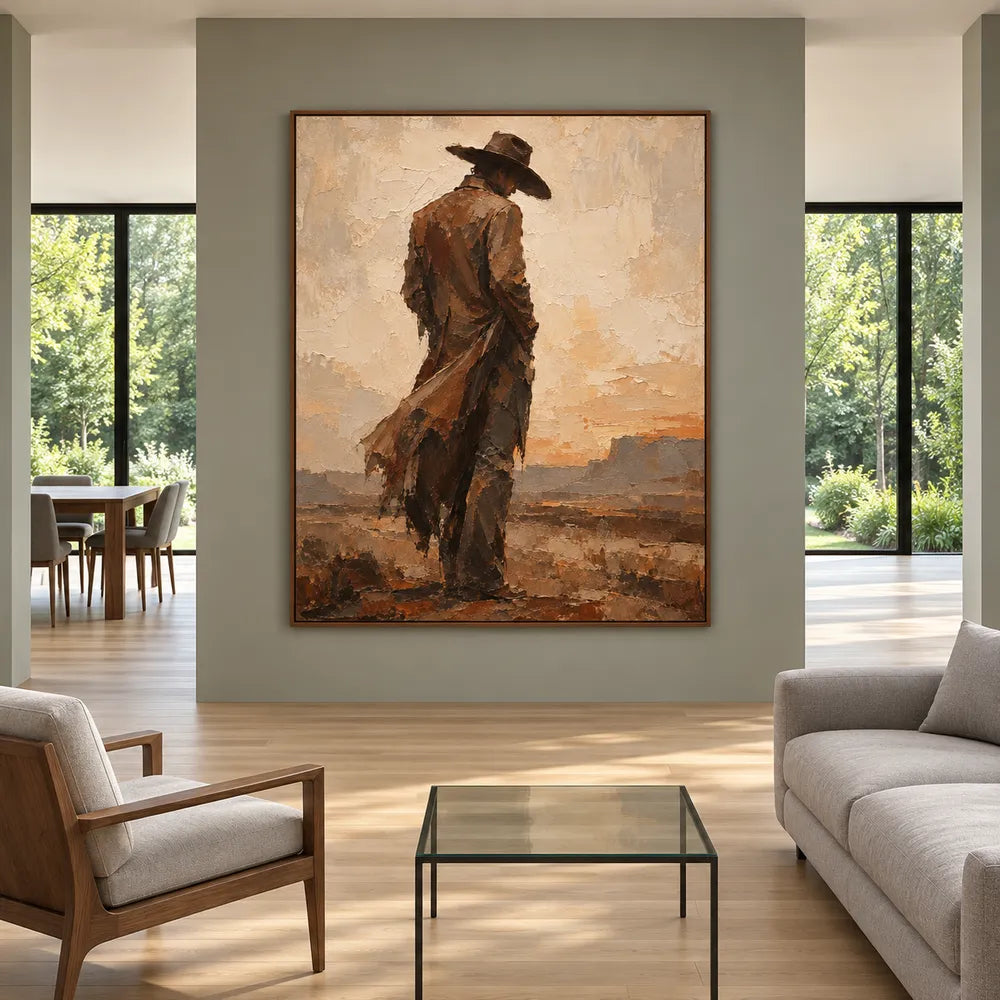 Beige & Brown Hand-Painted Oil Painting, Cowboy in a Desert Landscape #KSV33Q1N