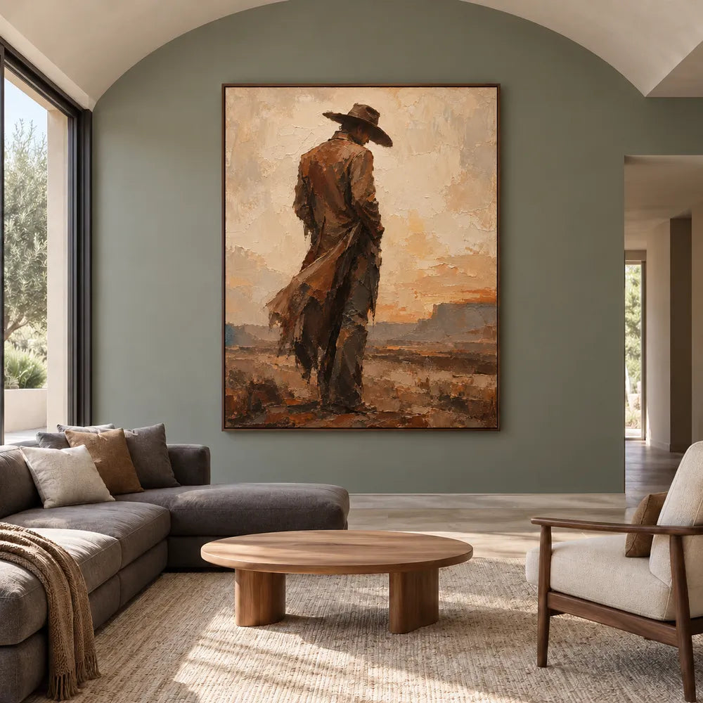 Beige & Brown Hand-Painted Oil Painting, Cowboy in a Desert Landscape #KSV33Q1N