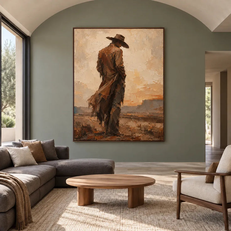 Beige & Brown Hand-Painted Oil Painting, Cowboy in a Desert Landscape #KSV33Q1N