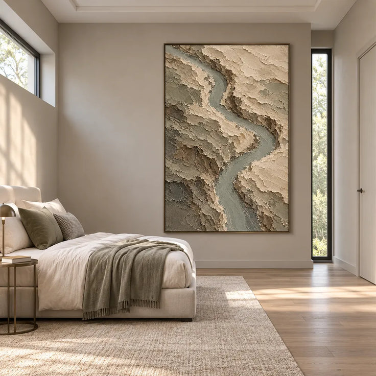 Earth-Tone Hand-Painted Abstract Painting, Winding Sage River #9DD3JMFN