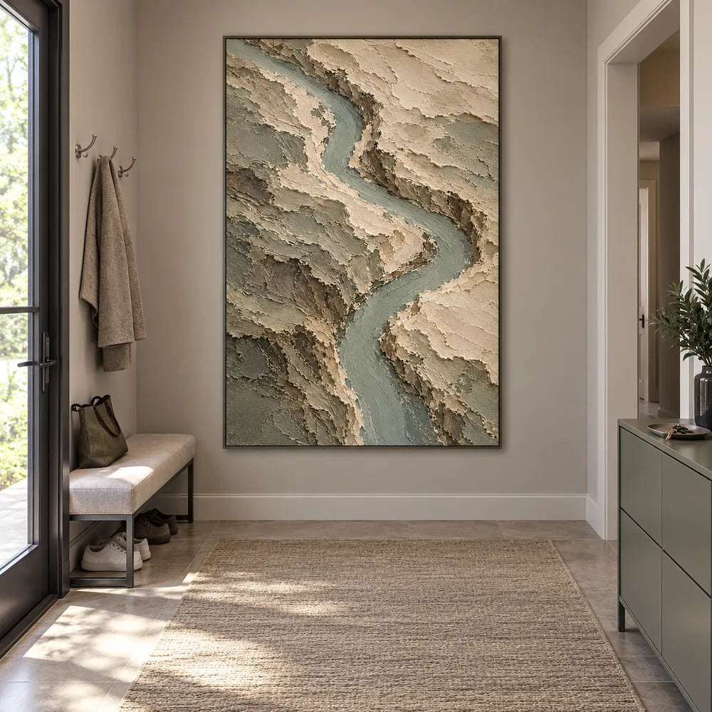 Earth-Tone Hand-Painted Abstract Painting, Winding Sage River #9DD3JMFN