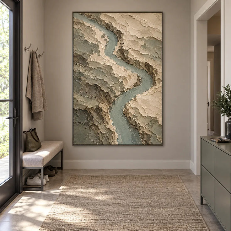 Earth-Tone Hand-Painted Abstract Painting, Winding Sage River #9DD3JMFN