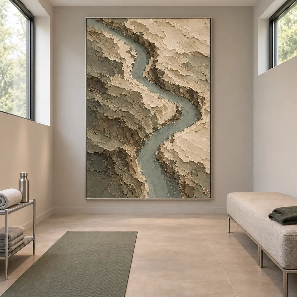 Earth-Tone Hand-Painted Abstract Painting, Winding Sage River #9DD3JMFN