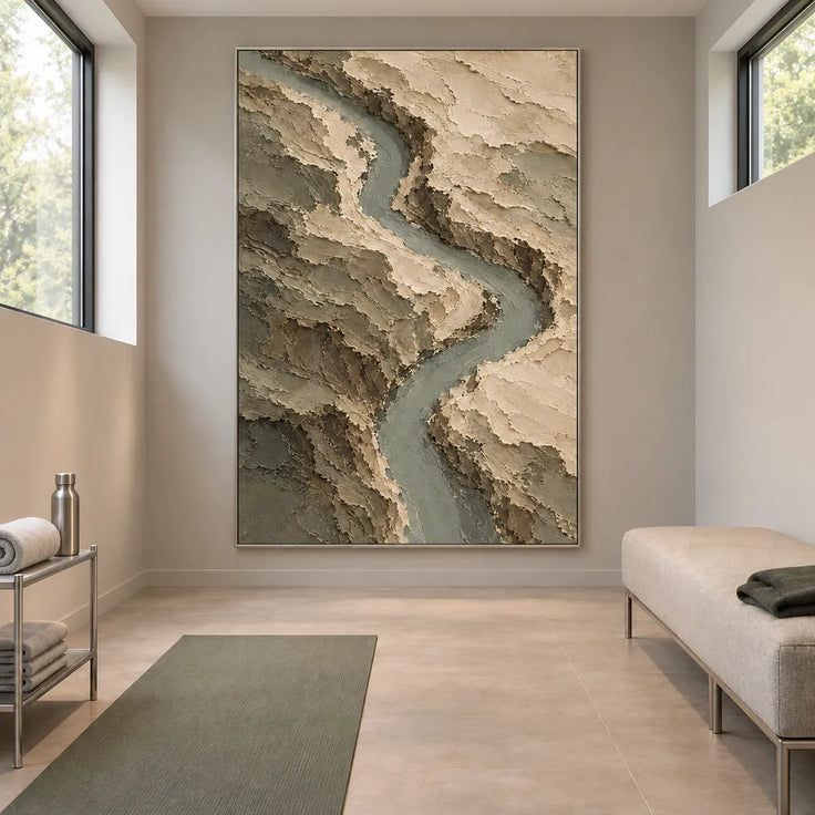 Earth-Tone Hand-Painted Abstract Painting, Winding Sage River #9DD3JMFN