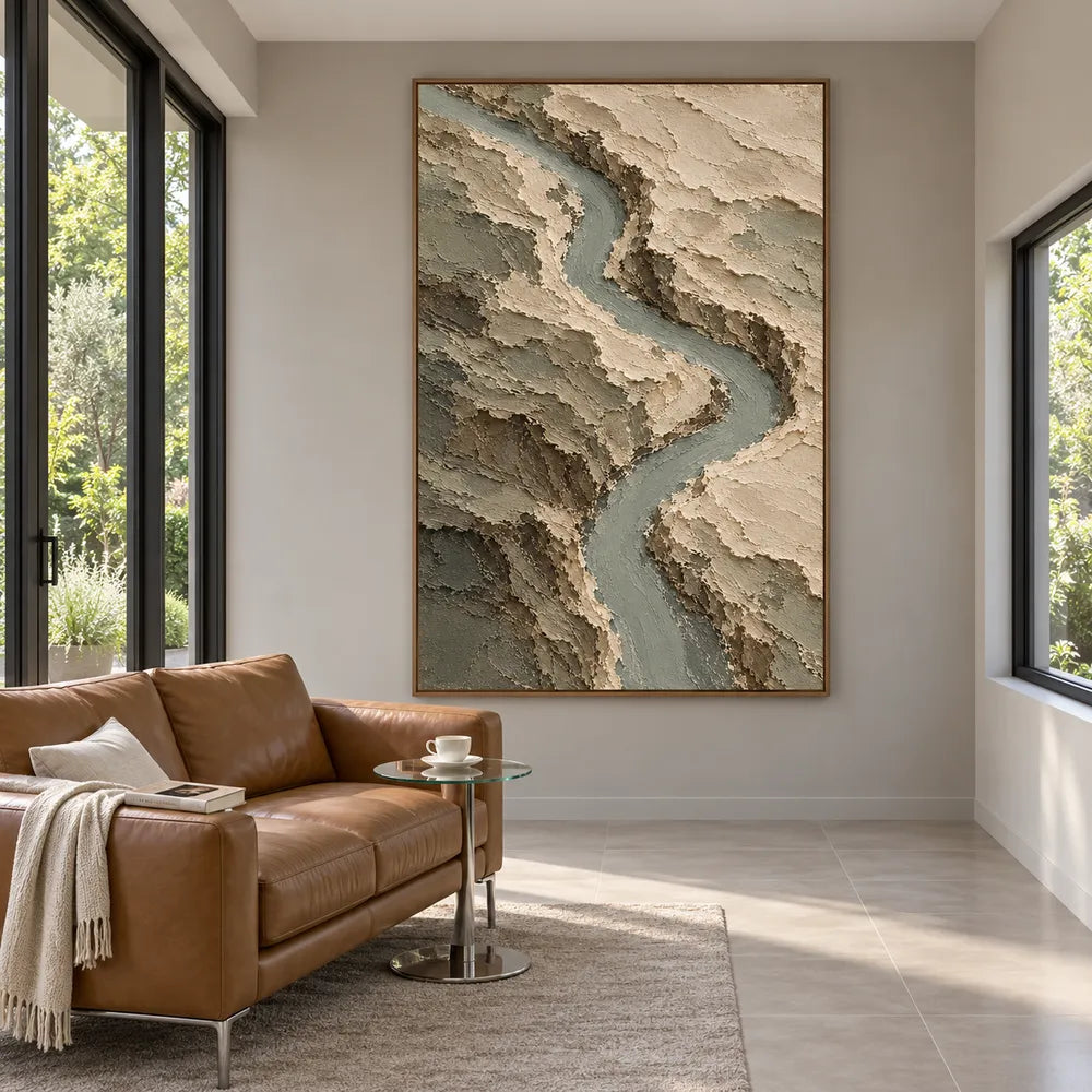 Earth-Tone Hand-Painted Abstract Painting, Winding Sage River #9DD3JMFN
