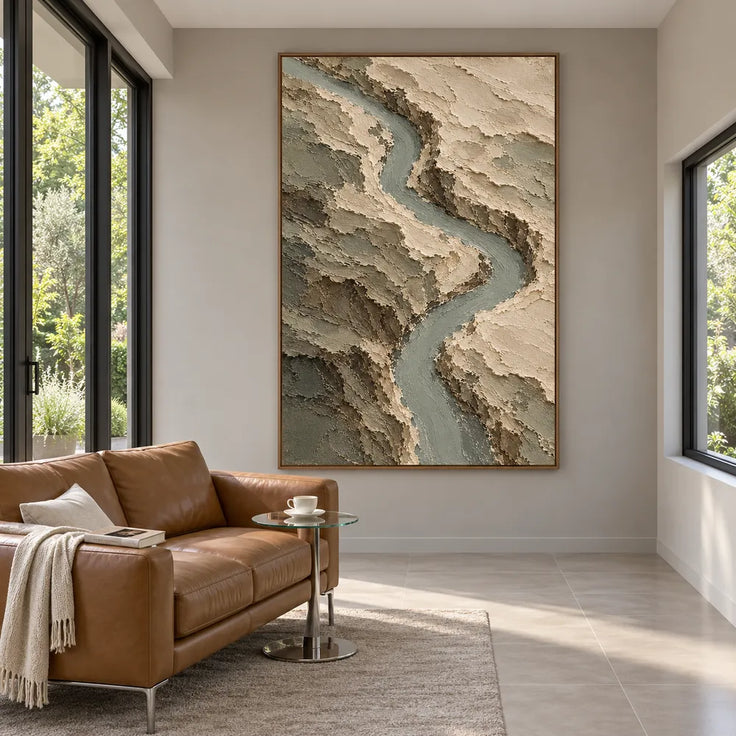Earth-Tone Hand-Painted Abstract Painting, Winding Sage River #9DD3JMFN