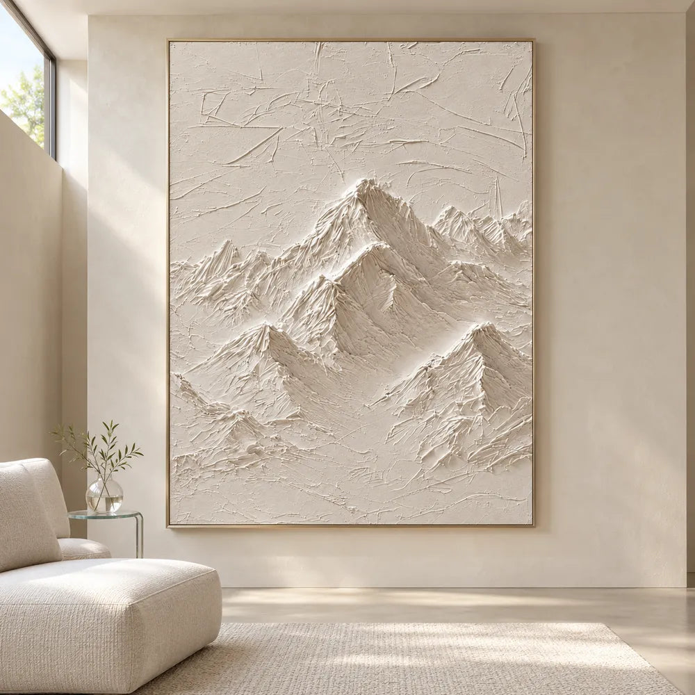 Ivory Hand-Painted 3D Textured Oil Painting, Mountain Peaks Wall Art #YX9FMPP8