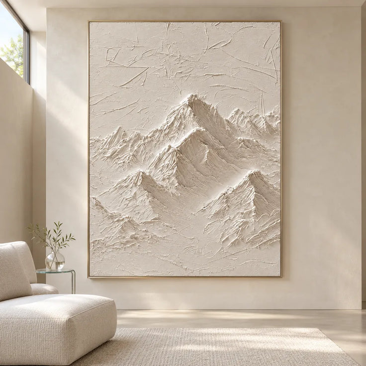 Ivory Hand-Painted 3D Textured Oil Painting, Mountain Peaks Wall Art #YX9FMPP8