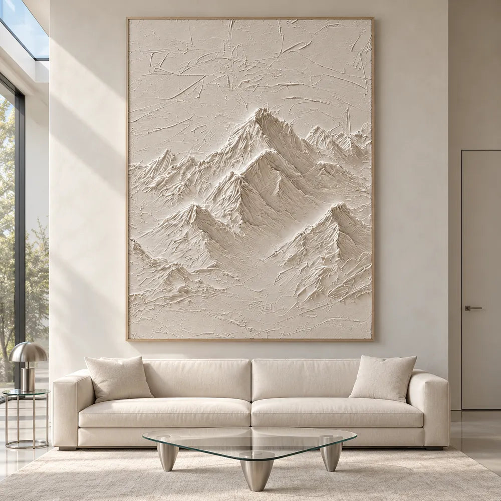 Ivory Hand-Painted 3D Textured Oil Painting, Mountain Peaks Wall Art #YX9FMPP8