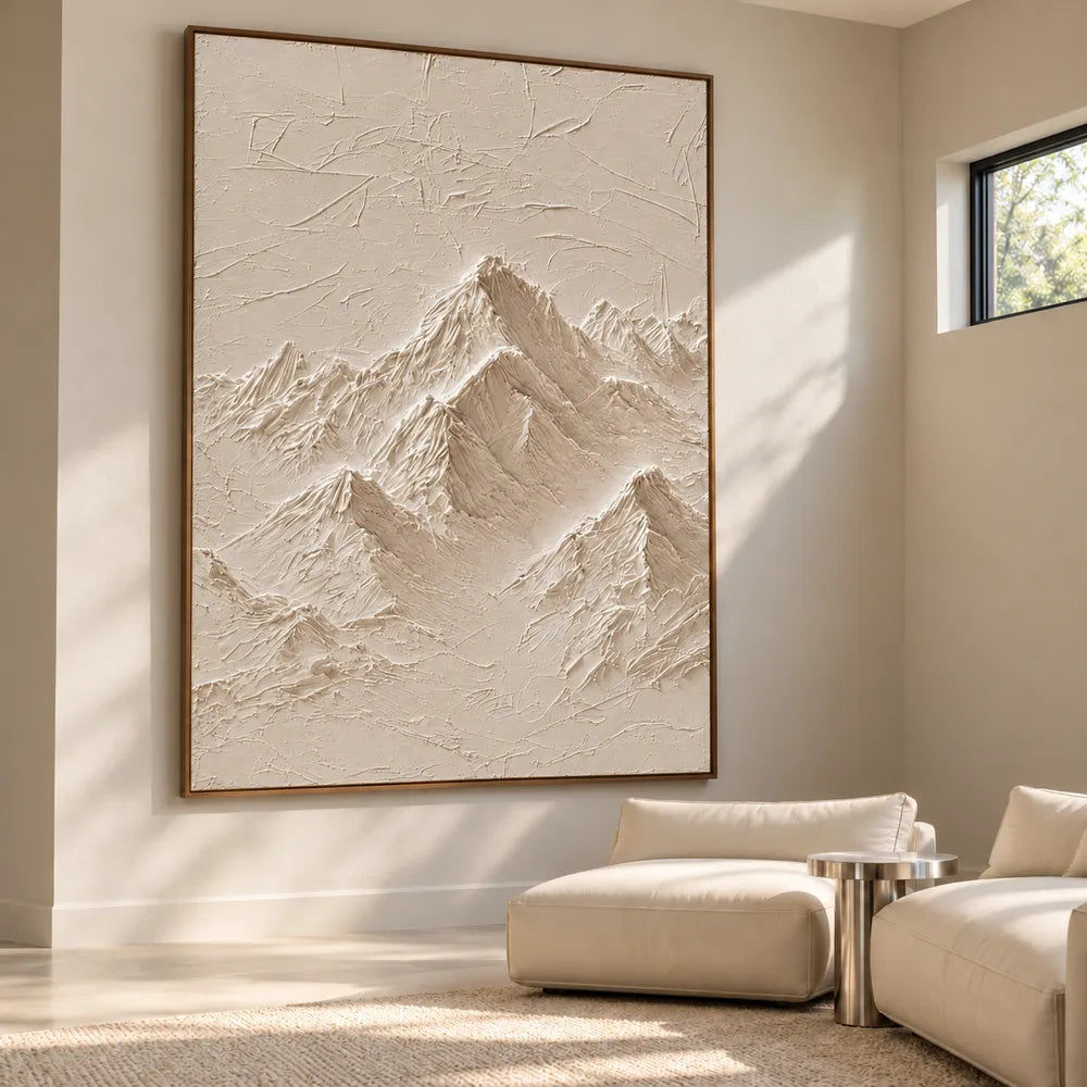 Ivory Hand-Painted 3D Textured Oil Painting, Mountain Peaks Wall Art #YX9FMPP8