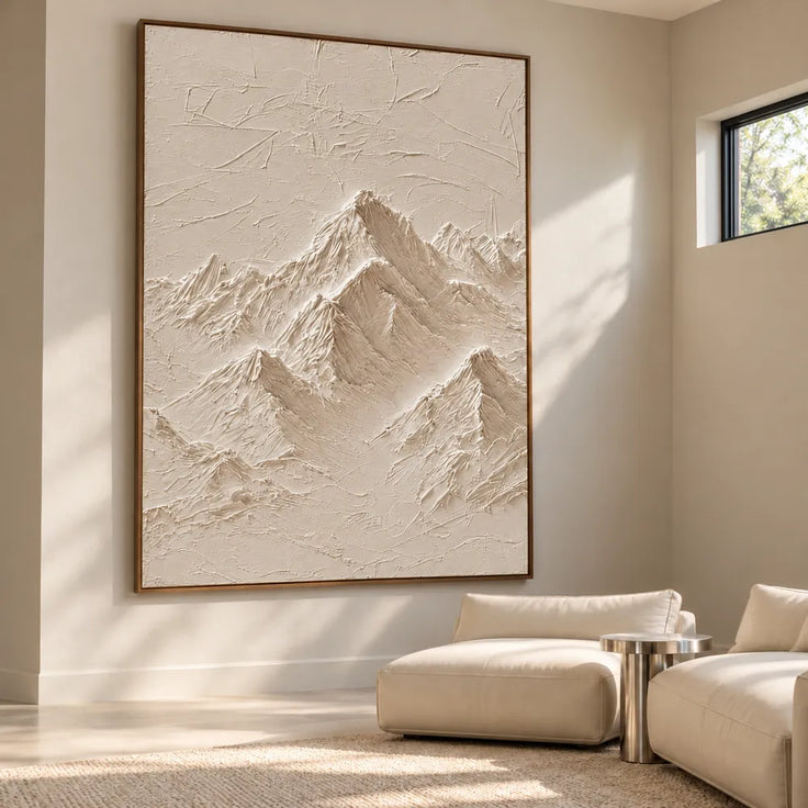 Ivory Hand-Painted 3D Textured Oil Painting, Mountain Peaks Wall Art #YX9FMPP8