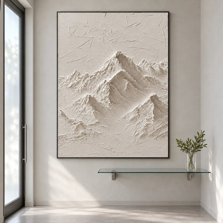 Ivory Hand-Painted 3D Textured Oil Painting, Mountain Peaks Wall Art #YX9FMPP8