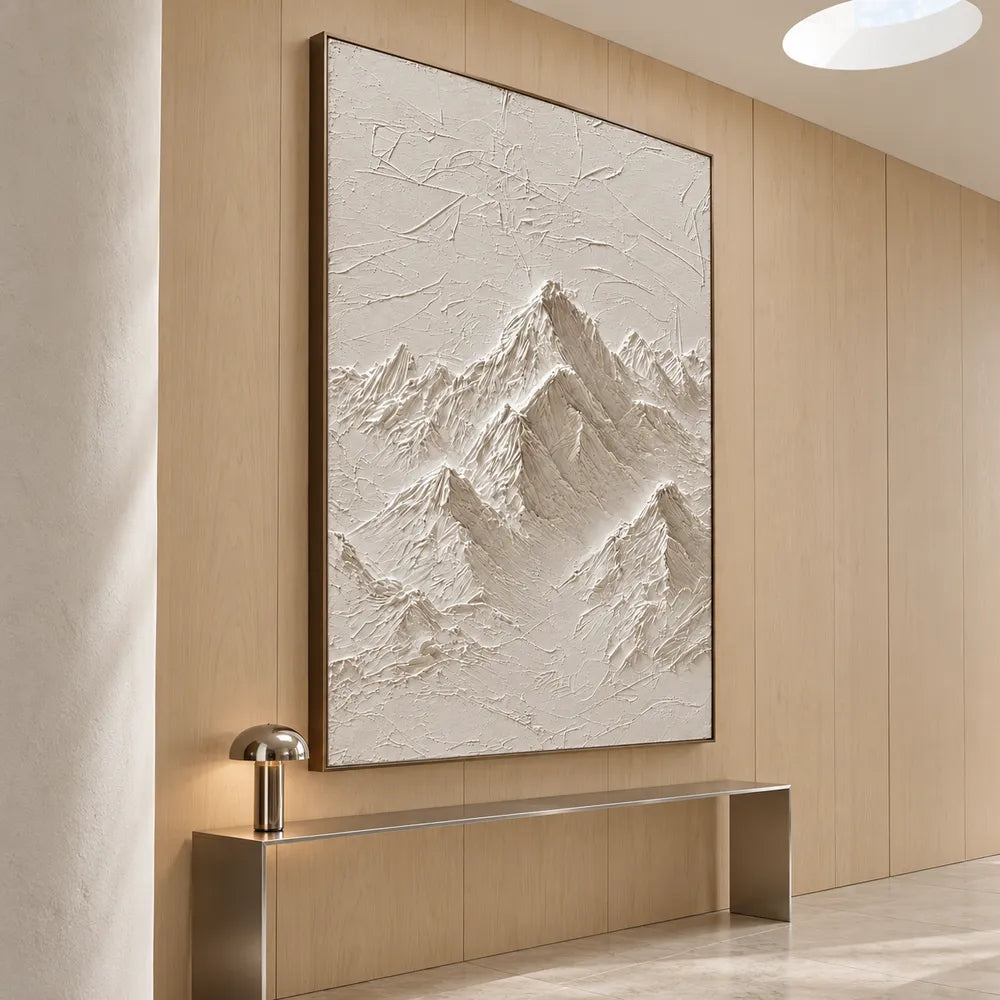 Ivory Hand-Painted 3D Textured Oil Painting, Mountain Peaks Wall Art #YX9FMPP8
