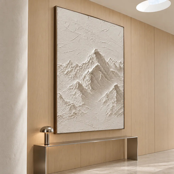 Ivory Hand-Painted 3D Textured Oil Painting, Mountain Peaks Wall Art #YX9FMPP8