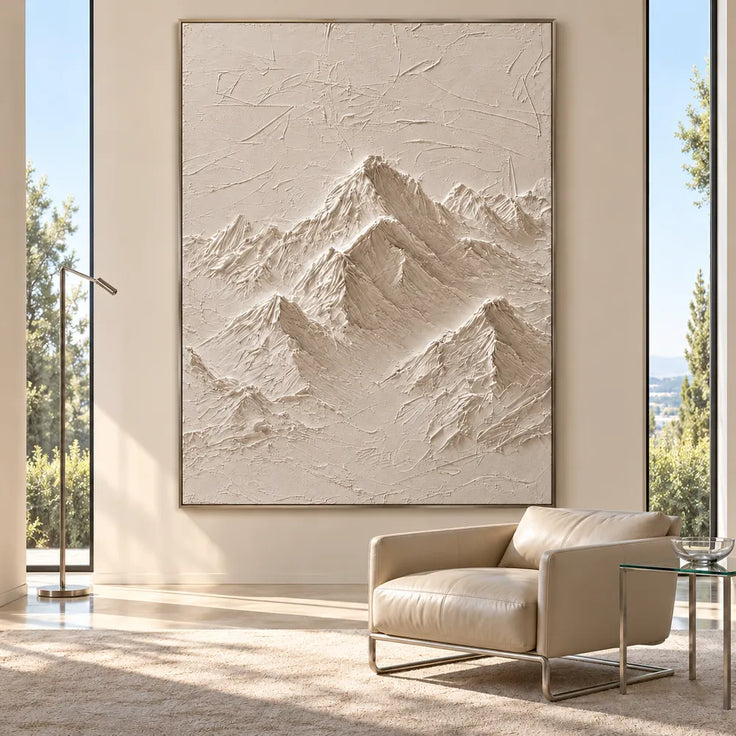 Ivory Hand-Painted 3D Textured Oil Painting, Mountain Peaks Wall Art #YX9FMPP8