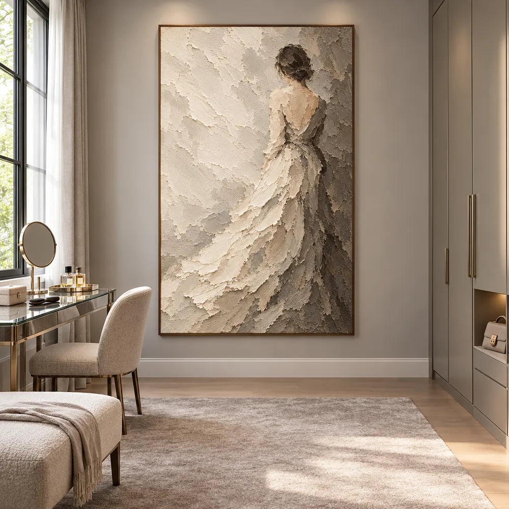 Cream Hand-Painted Figure Painting, Woman in a Flowing Gown #IT6VAZKO