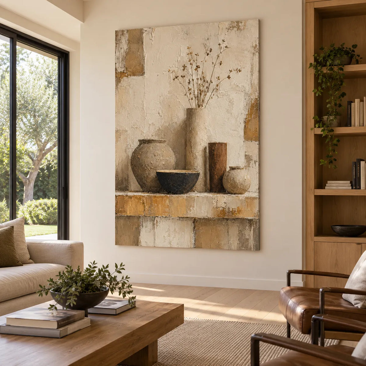 Beige & Brown Hand-Painted Oil Painting, Modern Vessel Still Life #UH65YHSY