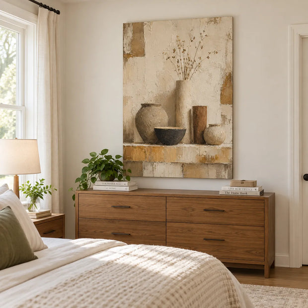 Beige & Brown Hand-Painted Oil Painting, Modern Vessel Still Life #UH65YHSY