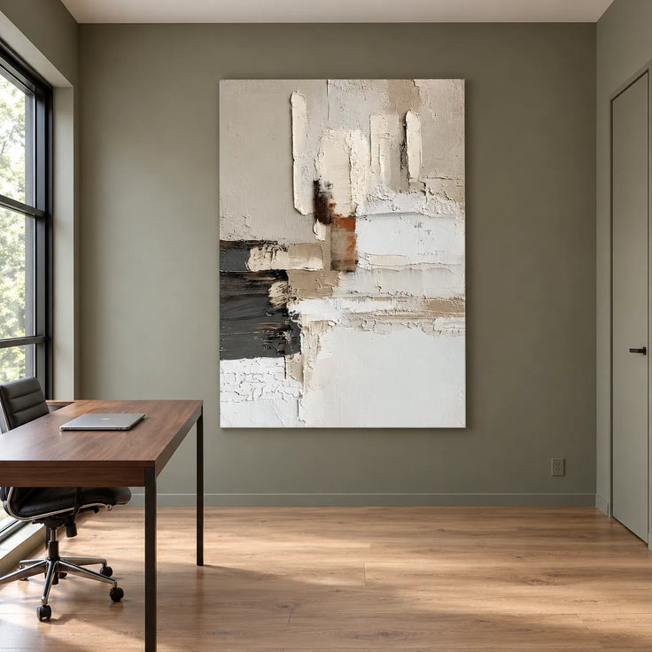 Beige & White Hand-Painted Oil Painting, Abstract Color Block Wall Art #XAMXNOLH