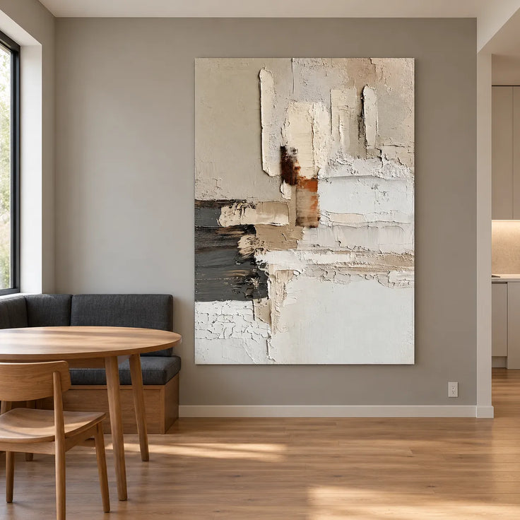 Beige & White Hand-Painted Oil Painting, Abstract Color Block Wall Art #XAMXNOLH