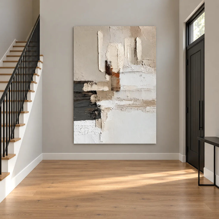 Beige & White Hand-Painted Oil Painting, Abstract Color Block Wall Art #XAMXNOLH