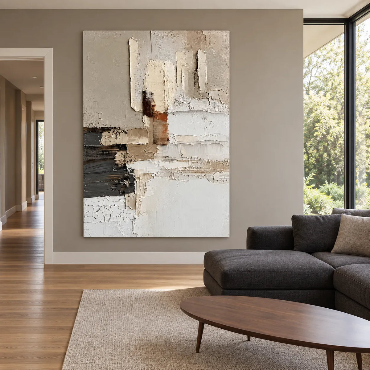 Beige & White Hand-Painted Oil Painting, Abstract Color Block Wall Art #XAMXNOLH