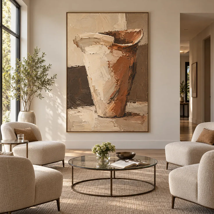 Cream Rust Hand-Painted Vessel Painting, Flared Asymmetric Rim #PFULSY7T