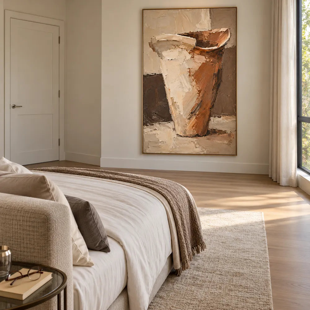 Cream Rust Hand-Painted Vessel Painting, Flared Asymmetric Rim #PFULSY7T