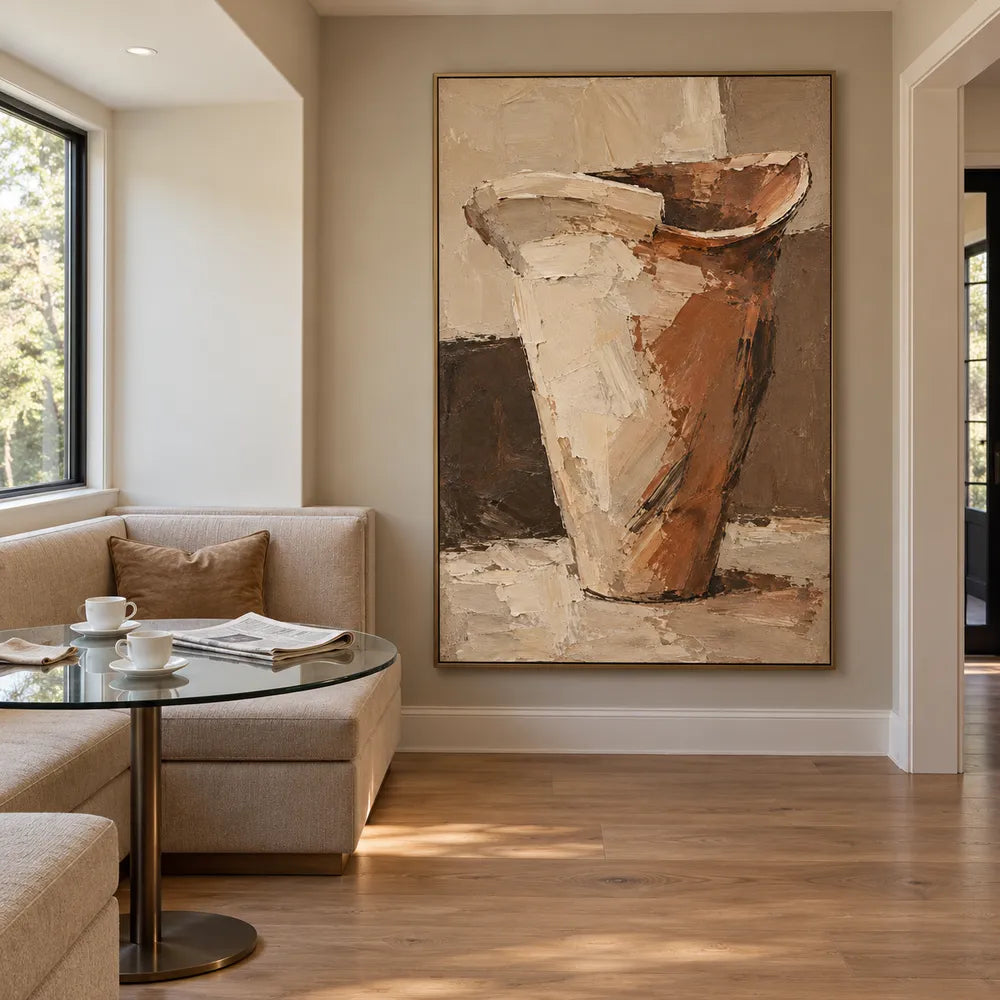 Cream Rust Hand-Painted Vessel Painting, Flared Asymmetric Rim #PFULSY7T