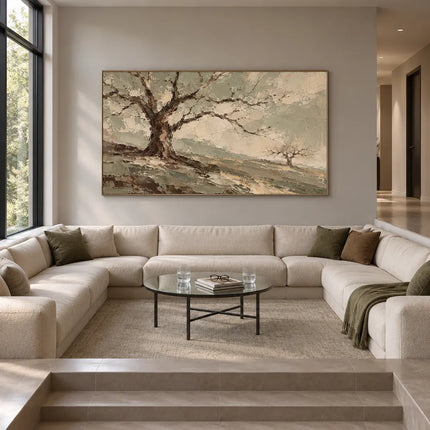 Sage Cream Hand-Painted Tree Landscape, Bare Branches #X8OLCVUQ