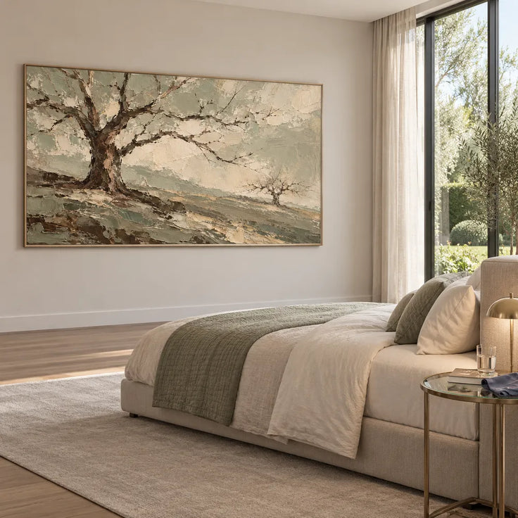 Sage Cream Hand-Painted Tree Landscape, Bare Branches #X8OLCVUQ