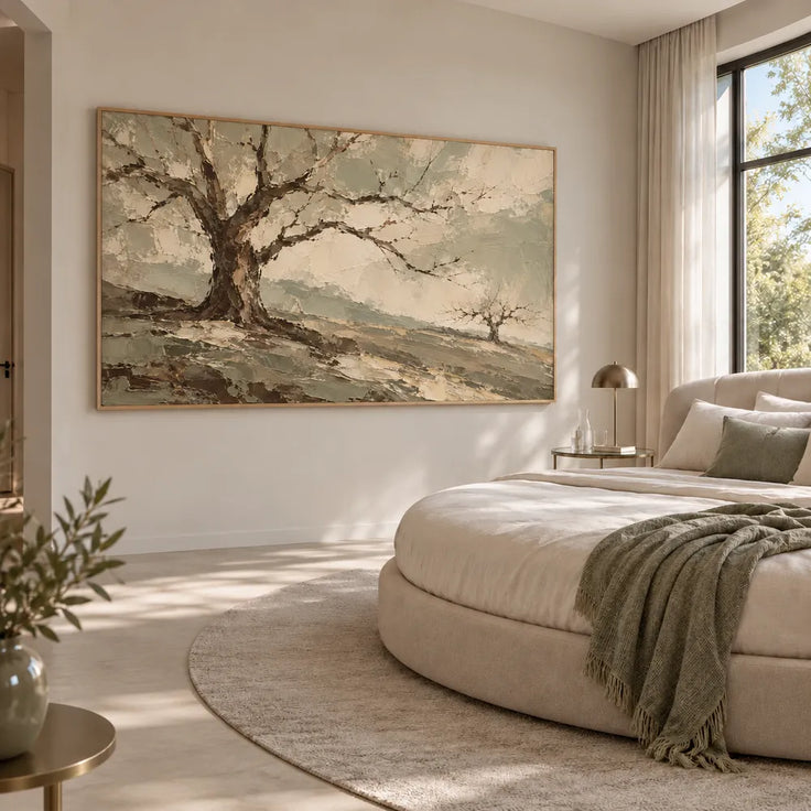 Sage Cream Hand-Painted Tree Landscape, Bare Branches #X8OLCVUQ
