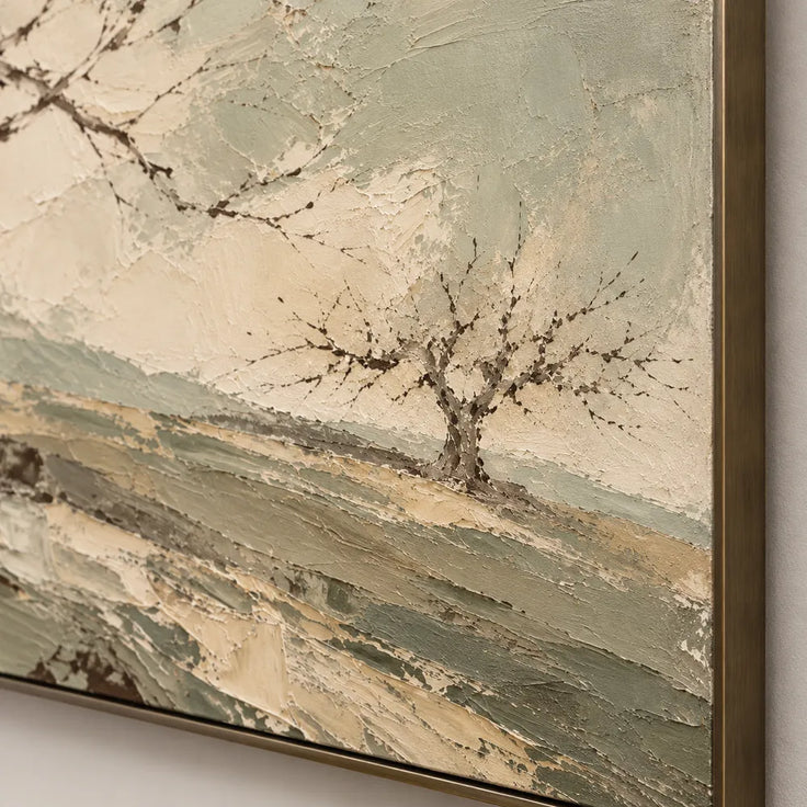 Sage Cream Hand-Painted Tree Landscape, Bare Branches #X8OLCVUQ