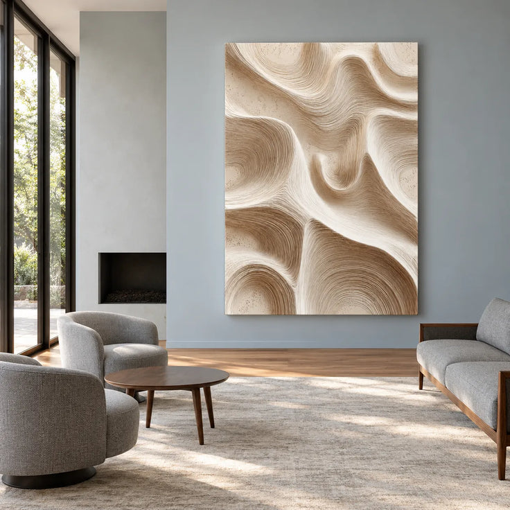 Beige & Cream Hand-Painted 3D Textured Oil Painting, Flowing Wave Abstract Wall Art #GFHF315B