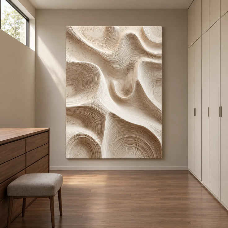 Beige & Cream Hand-Painted 3D Textured Oil Painting, Flowing Wave Abstract Wall Art #GFHF315B