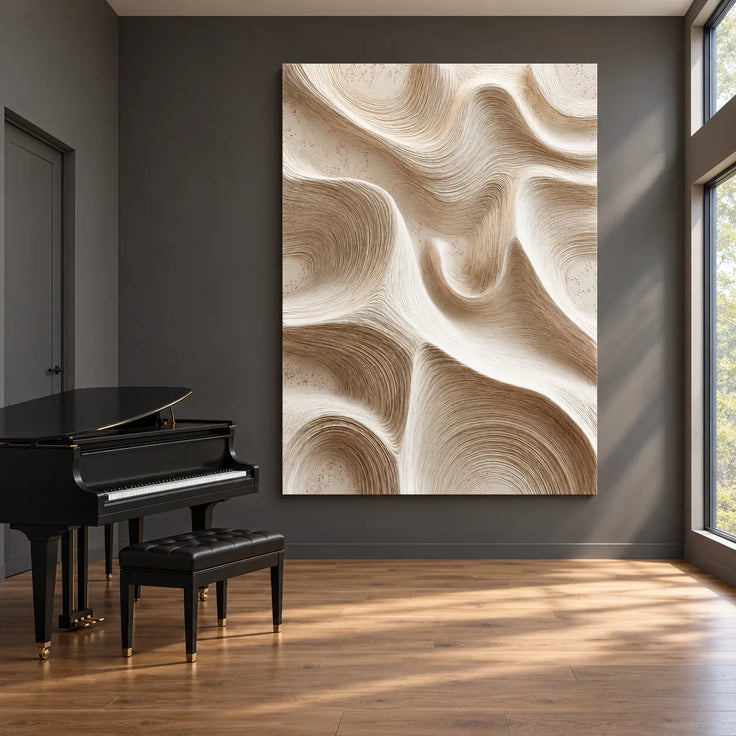Beige & Cream Hand-Painted 3D Textured Oil Painting, Flowing Wave Abstract Wall Art #GFHF315B